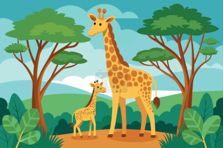 Illustration for A serene moment as a giraffe and its calf stand amid vibrant greenery. - Royalty Free Image