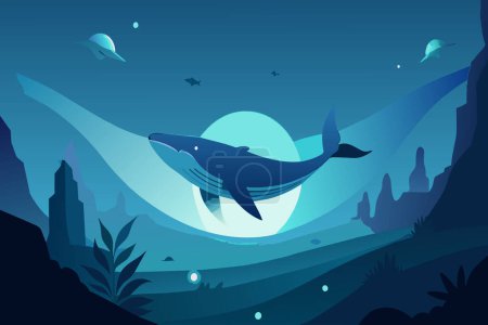 A serene blue whale swims in the deep sea with the full moon illuminating the scene.