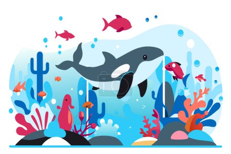 Una orca juguetea en una vibrante escena submarina con peces y coral.