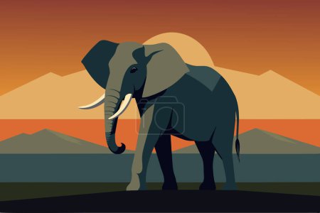 Téléchargez les illustrations : Un éléphant solitaire dans la savane avec un coucher de soleil chaud en toile de fond. - en licence libre de droit