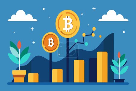 Stylized graphics showing Bitcoins value increase with symbols and graphs.
