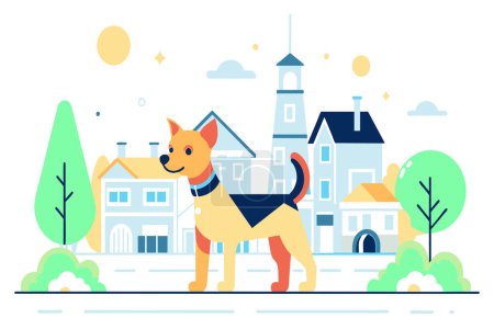 A joyful cartoon dog strolls through a town with colorful houses and trees.