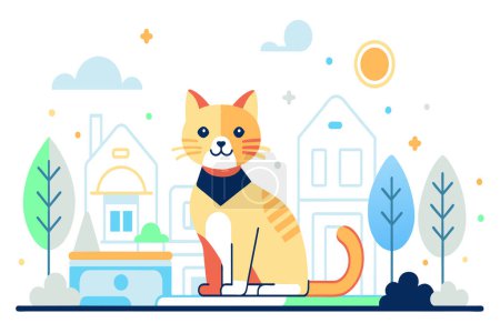 A cartoon orange tabby cat sits in front of suburban homes under a sunny sky.