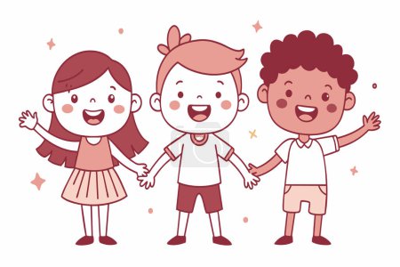 Cheerful animated kids linked hands in a show of friendship and joy.
