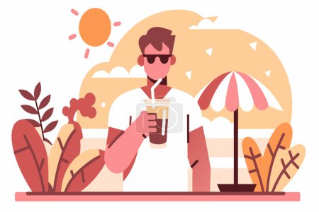 Illustration for A man relaxes with a drink by the sea under a parasol. - Royalty Free Image