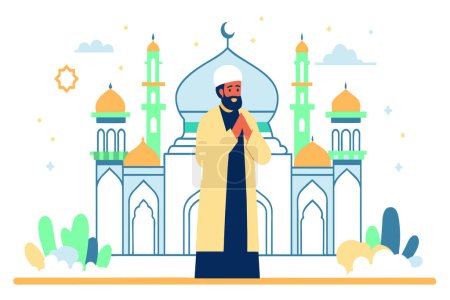 Illustration for A serene illustration of a man praying at sunset outside a beautiful mosque. - Royalty Free Image