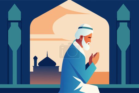 Un anciano caballero reza al atardecer con un fondo de mezquita.