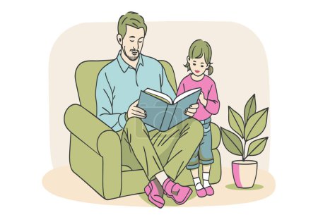 A man and a little girl share a storytime moment in a warm, homey atmosphere.