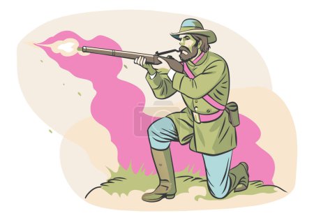 Bürgerkriegsreenaktor in historischer Uniform zielt und schießt mit seinem Gewehr, Rauch steigt auf.