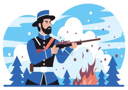 Ein Soldat in Uniform der Union steht mit seinem Gewehr am Lagerfeuer im Schnee.