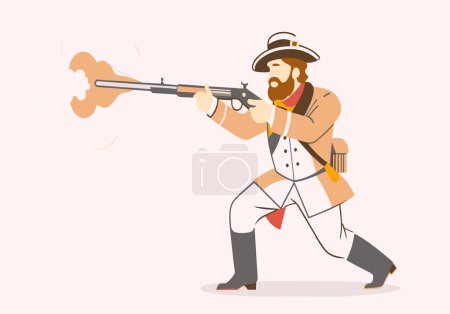 A cowboy in classic attire shoots a rifle with visible gun smoke.