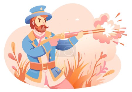 A soldier in uniform firing his musket, with smoke billowing out.
