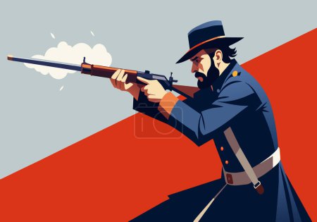 A reenactor in Civil War attire aims a rifle, portraying a battle scene.