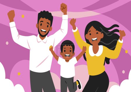Illustration for A happy family with a child cheering enthusiastically. - Royalty Free Image
