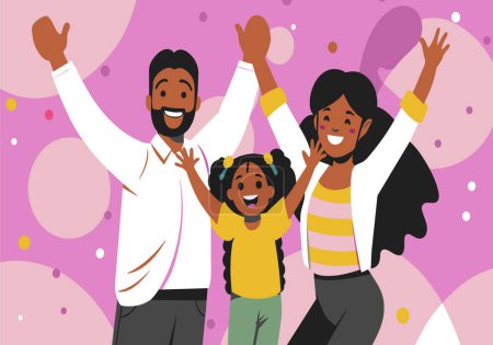 A happy family with raised hands celebrates a special occasion.