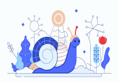 A whimsical snail illustrated with bright colors surrounded by abstract plant life.