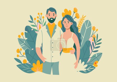 Ilustración de Un dibujo estilizado de una pareja feliz en medio de un follaje vibrante, que simboliza el afecto. - Imagen libre de derechos