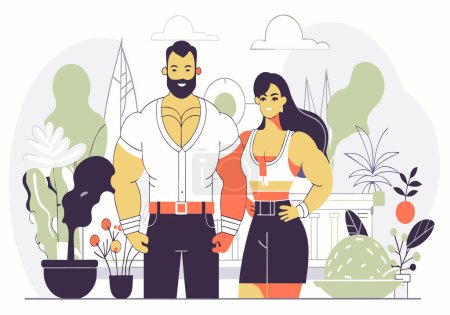 Muscular man and fit woman smiling and standing in a stylized city park.