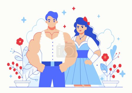 A stylized couple dressed in retro attire stands confidently.