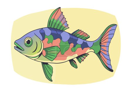 A colorful fish with a blue and green tail. The fish is swimming in a yellow background. The fish is very colorful and has a unique pattern