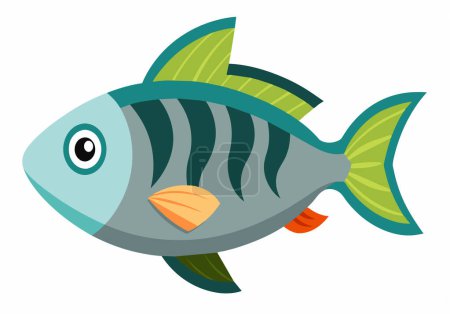 A cartoon fish with a big smile on its face. The fish is green and blue striped. It is swimming in a clear blue ocean