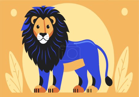 Illustration for A cartoon lion with a blue mane stands in front of a yellow background. The lion is looking at the camera with a smile on its face - Royalty Free Image