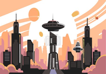 A cityscape with a large building in the middle and a spaceship flying above it. The city is filled with tall buildings and a sense of futuristic technology