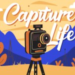 A camera is on a tripod in front of a mountain range. The words 