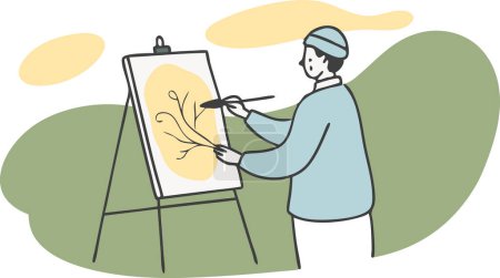 Un homme peint une image d'un arbre sur une toile. Il utilise un pinceau pour créer l'image