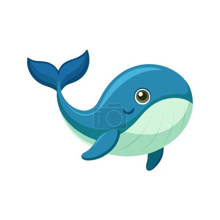 Ilustración de dibujos animados adorable de una ballena azul con una expresión feliz sobre un fondo blanco. Perfecto para libros infantiles, materiales educativos y diseños temáticos de la vida marina.