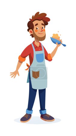 Cheerful cartoon chef in an apron holding a spoonful of ingredients. Positive cooking and culinary concept art.