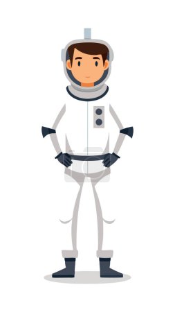 Ilustración vectorial de un joven astronauta de pie con confianza en un traje espacial, listo para una misión espacial.