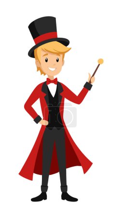 Joyeux personnage de magicien de bande dessinée dans un manteau rouge vif et chapeau haut de forme, tenant une baguette magique. Idéal pour le cirque, la magie, la performance et les thèmes de divertissement.