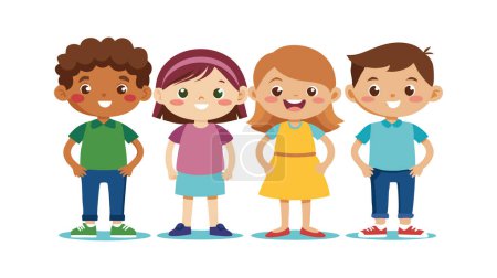 Illustration for Illustration of a happy group of four diverse children standing together and smiling. Perfect for educational, family, and friendship themes. - Royalty Free Image