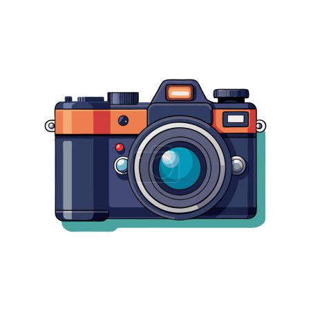 Illustration einer Vintage-Kamera mit blauem Objektiv und orangefarbenen Akzenten, die Retro-Stil und Fotografie betont.