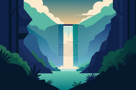 Illustration for Serene waterfall flowing into a lake surrounded by lush forest at dusk. - Royalty Free Image