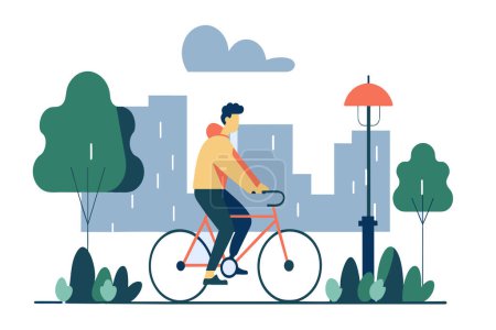 Ein Radfahrer fährt auf einem Weg in einem Stadtpark mit Wolkenkratzern in der Ferne.