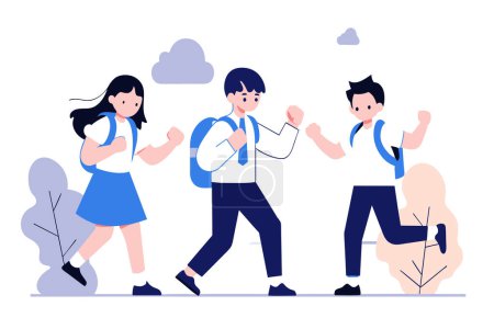 Karikatur von fröhlichen Kindern mit Rucksäcken, die zur Schule gehen.