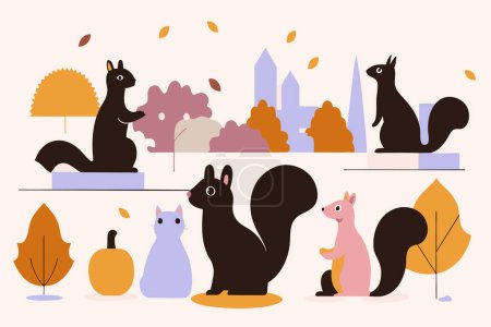 Eichhörnchen und eine Katze teilen sich im Herbst einen ruhigen Stadtpark.
