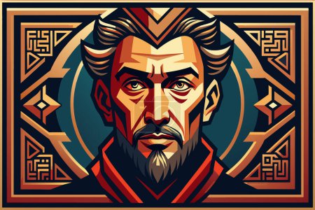 Stylized portrait of a man with a beard and geometric designs.