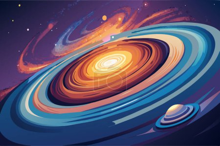 Illustration colorée d'une galaxie avec une planète au premier plan.
