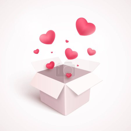 Téléchargez les illustrations : Coffret cadeau avec explosion de confettis en forme de coeur. Illustration vectorielle - en licence libre de droit