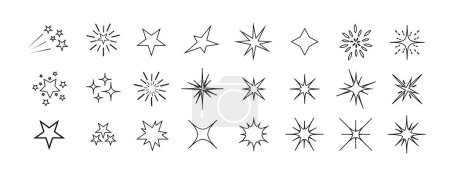 Ilustración de Chispas y estrellas. Conjunto de estrellas negras y destellos aislados sobre fondo blanco. Chispas símbolos. - Imagen libre de derechos