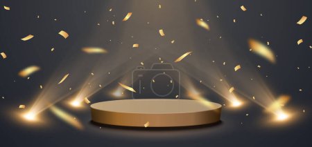 Ilustración de Gold confetti with award podium and spotlights. Winner vector background with confetti. - Imagen libre de derechos