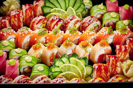 Set aus verschiedenen Uramaki mit Lachs, Thunfisch, Aal und Avocado, garniert mit Masago-Rogen, Unagi-Sauce, Sesam- und Mayo-Tropfen, verpackt in einem Karton auf schwarzem Hintergrund. Konzept Essen zum Mitnehmen