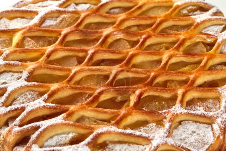 Closeup of scrumptious sweet lattice galette with crispy golden crust, tender custard layer, caramelized apple filling and delicate sugar dusting