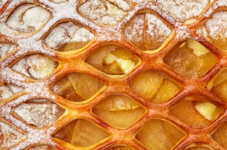 Close-up of freshly baked golden lattice apple pie with tender custard and powdered sugar. Homemade baked goods concept. Natural food background
