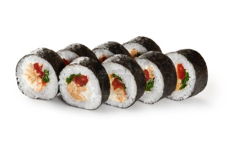 Photo for Delicious futomaki rolls with baked salmon, chopped tomatoes, scallions and cream cheese presented on white background. Popular Japanese snack - Royalty Free Image