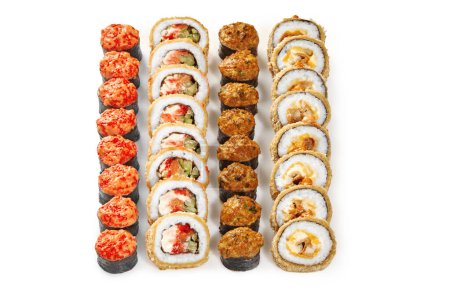 Set of crispy tempura rolls with chicken and salmon, baked norimaki with cheese and seafood toppings, and makizushi topped with cream cheese and tobiko, presented on white background. Japanese snacks
