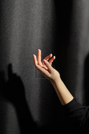 Delicate graceful female hand wearing black sleeve posing in soft beam of light, highlighting contours and skin tone, creating striking contrast against dark textured fabric background with shadow